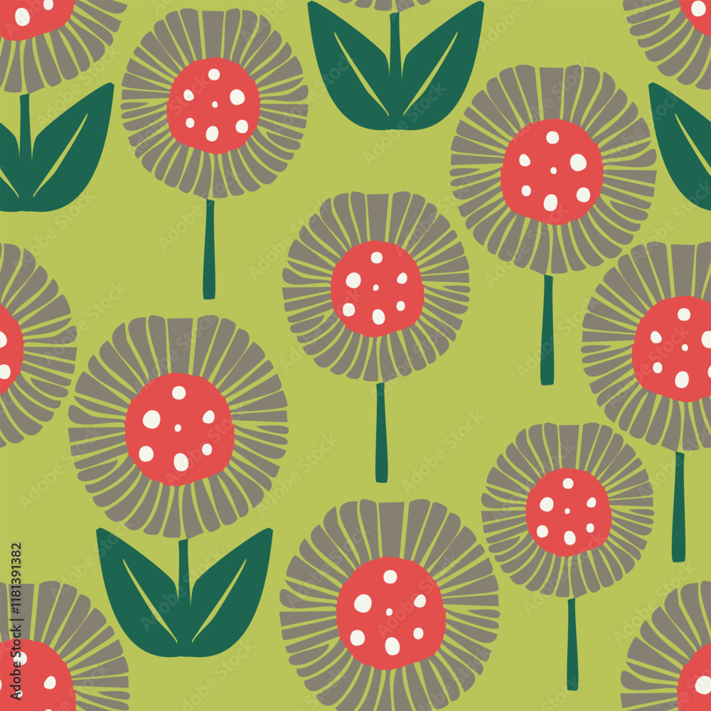 seamless cute hand drawn dot flowers pattern on green background