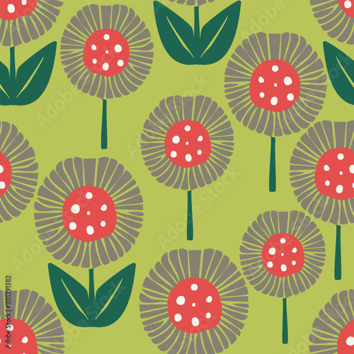 Obraz na płótnie seamless cute hand drawn dot flowers pattern on green background w salonie