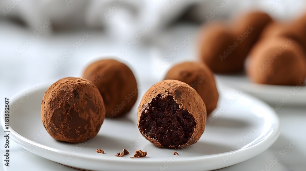 Closeup of homemade chocolate truffles with nuts on a plate, a delicious and gourmet dessert, perfect for a sweet treat or snack Closeup of homemade chocolate truffles with nuts on a plate, a delicious and gourmet dessert, perfect for a sweet treat or snack