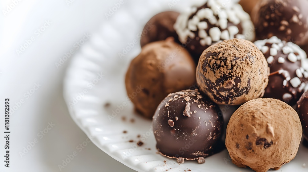Closeup of homemade chocolate truffles with nuts on a plate, a delicious and gourmet dessert, perfect for a sweet treat or snack Closeup of homemade chocolate truffles with nuts on a plate, a delicious and gourmet dessert, perfect for a sweet treat or snack