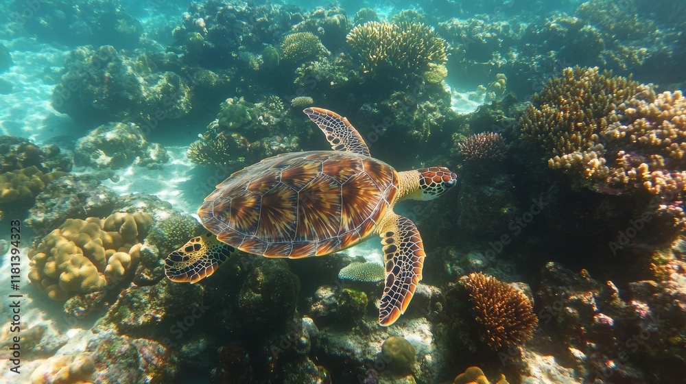 Fototapeta premium Deep beneath the crystal-clear surface, a magnificent sea turtle swims serenely amid colorful coral formations, showcasing the beauty of marine life in its natural habitat.