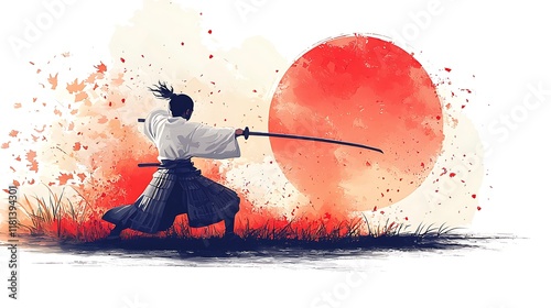 A lone samurai wielding a katana against a backdrop of a vibrant red sun and falling autumn leaves.