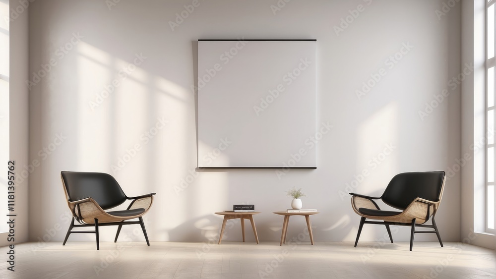 Obraz premium minimal living room, pearl color wall background with armchair, and blank poster frame