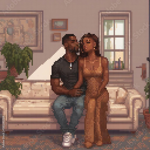 Pixel art depicts a couple relaxing on a couch in a cozy living room setting.