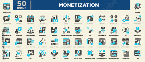 Monetization Icon Set Blue Grey Glyph