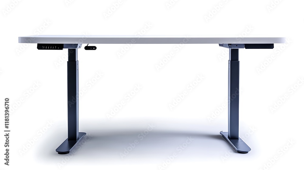 Standing desk with an adjustable height mechanism and a white laminate top isolated on a clean white background for a modern ergonomic presentation Standing desk with an adjustable height mechanism and a white laminate top isolated on a clean white background for a modern ergonomic presentation