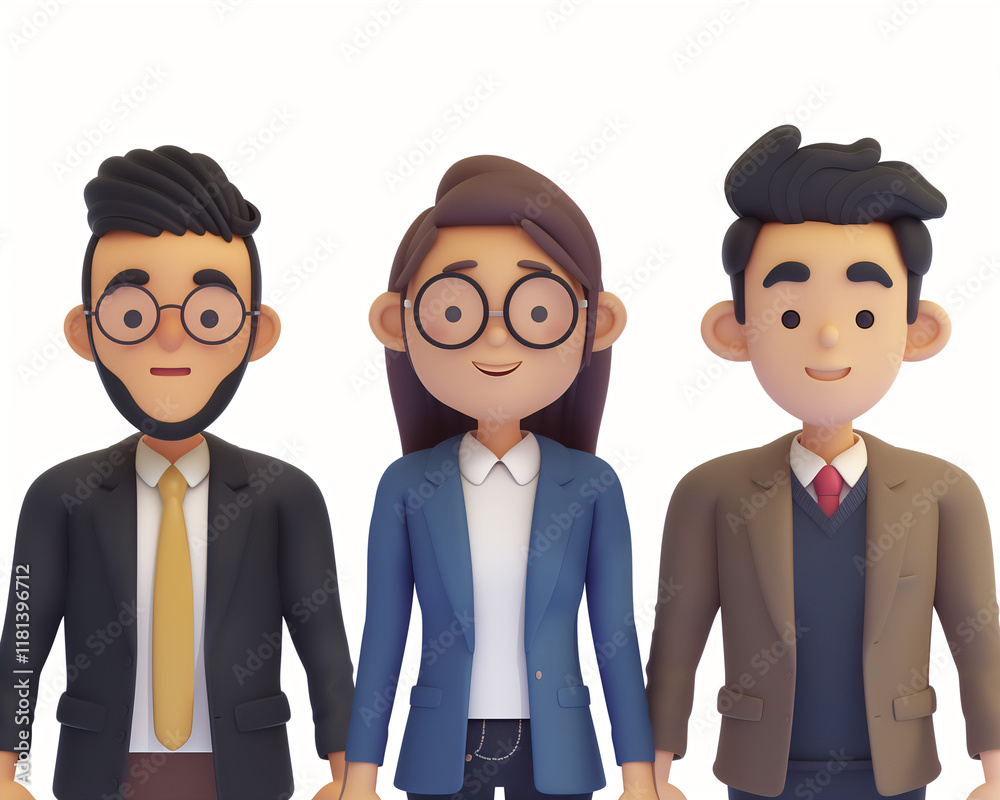 Professional Cartoon Characters in Business Attire Illustration - Diverse Team of Three with Suits and Smiles for Corporate Creativity and Collaboration
