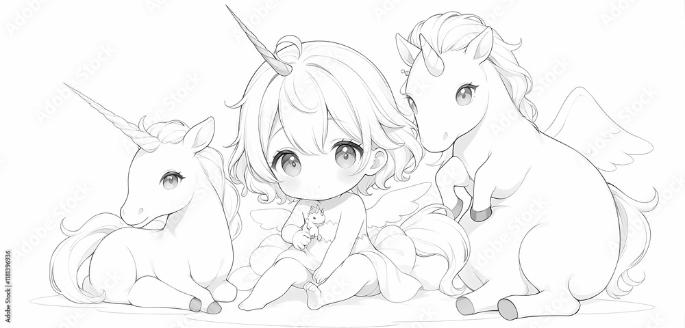 Obraz premium A delicate, whimsical baby unicorn sits in a playful pose, its ethereal form standing out against a crisp, transparent background, with no distracting elements to obscure its gentle features.