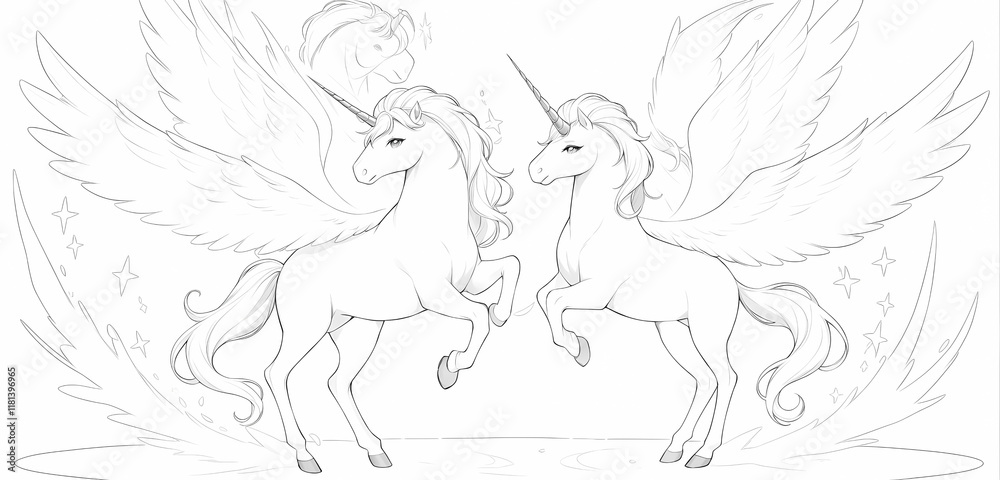 Obraz premium Two majestic unicorns stand facing each other, one with its front legs raised high in a powerful stance, its horn shining brightly, while the other unicorn stands calmly, its horn glowing softly.