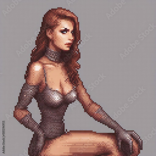 Pixel art of a woman in a bodysuit perched on a rock, showcasing retro style.