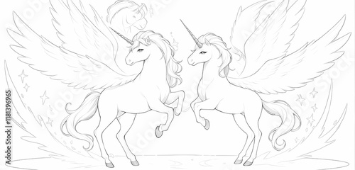 Two majestic unicorns stand facing each other, one with its front legs raised high in a powerful stance, its horn shining brightly, while the other unicorn stands calmly, its horn glowing softly. photo