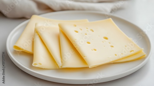 Cheese slices on a wooden board with fresh dairy ingredients for a tasty breakfast or appetizer photo