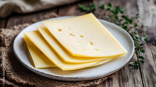 Cheese slices on a wooden board with fresh dairy ingredients for a tasty breakfast or appetizer photo