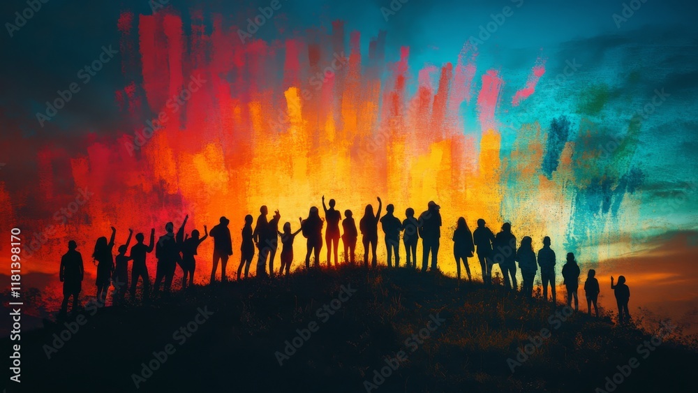 Sunset celebration with a crowd on a hilltop Sunset celebration with a crowd on a hilltop