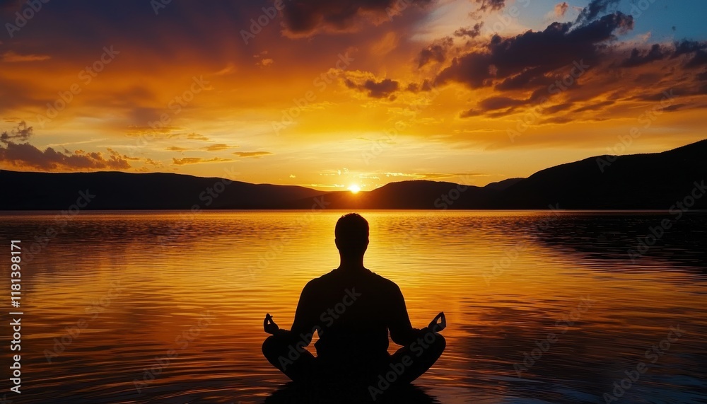 A serene figure meditates by a calm lake at sunset, surrounded by vibrant colors reflecting on the water's surface. A serene figure meditates by a calm lake at sunset, surrounded by vibrant colors reflecting on the water's surface.