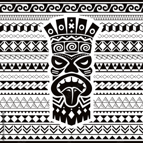 Polynesian Maori geometric seamless vector pattern with totem head, Hawaiian tribal repetitive design in black and white
