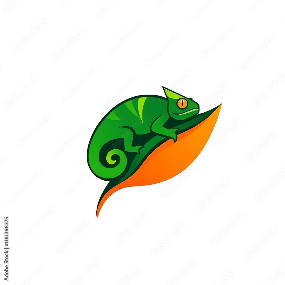 Fototapeta premium Green Chameleon on Leaf: A vibrant green chameleon perches on an orange leaf, its eyes sparkling with alertness.