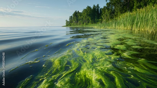 Algae Bloom Under Soft Evening Light on Tranquil Lake