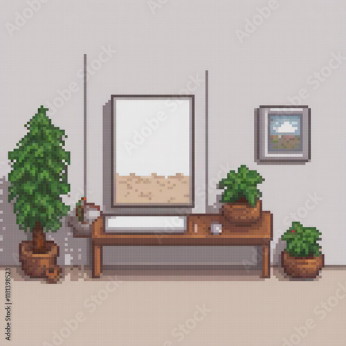 Pixel art depicting a cozy living room with a couch, greenery, and artwork.
