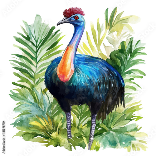 A watercolor illustration of a cassowary walking through dense foliage, isolated on a white background. Cassowary vector.
