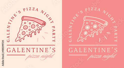 Galentine's day pizza night girls party besties Valentine friends funny printable invitation card. Preppy pink red retro cute Italian food aesthetic illustration single women shirt design event decor.