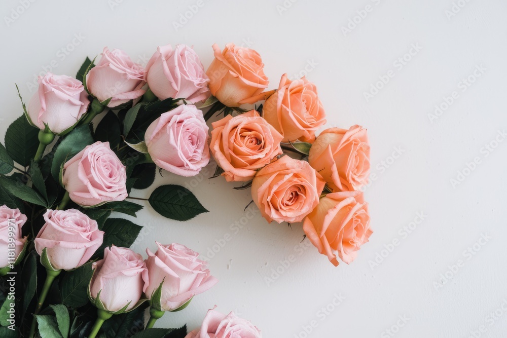 Fototapeta premium Pink and peach roses arranged in a semi circle on a white background.