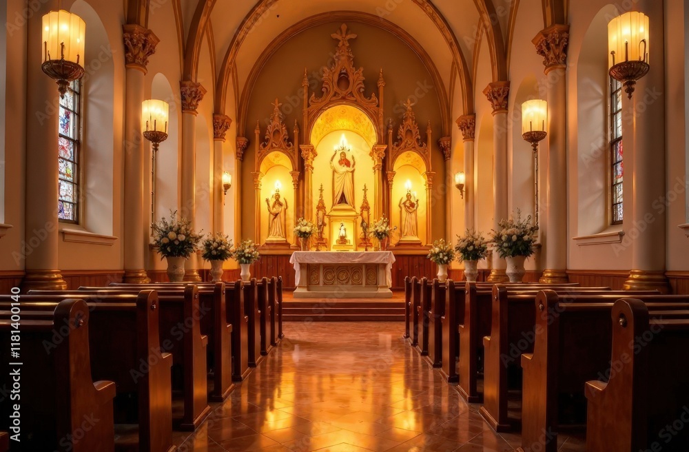 Fototapeta premium A serene Orthodox Easter church interior with glowing candlelight illuminating the walls, soft floral arrangements, and an intricately designed altar in the background