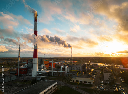 Siauliai, Lithuania - 25th november, 2024:aerial view Biomass Power Plant is biomass combined heat and power plant in iauliai, Lithuania. Biofuel plant replace natural gas with sustainable biomass photo