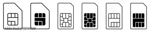 SIM icon set in different style vector illustration on white background.  Simple icons of sim cards of mobile phones.  Set of different SIM cards. 