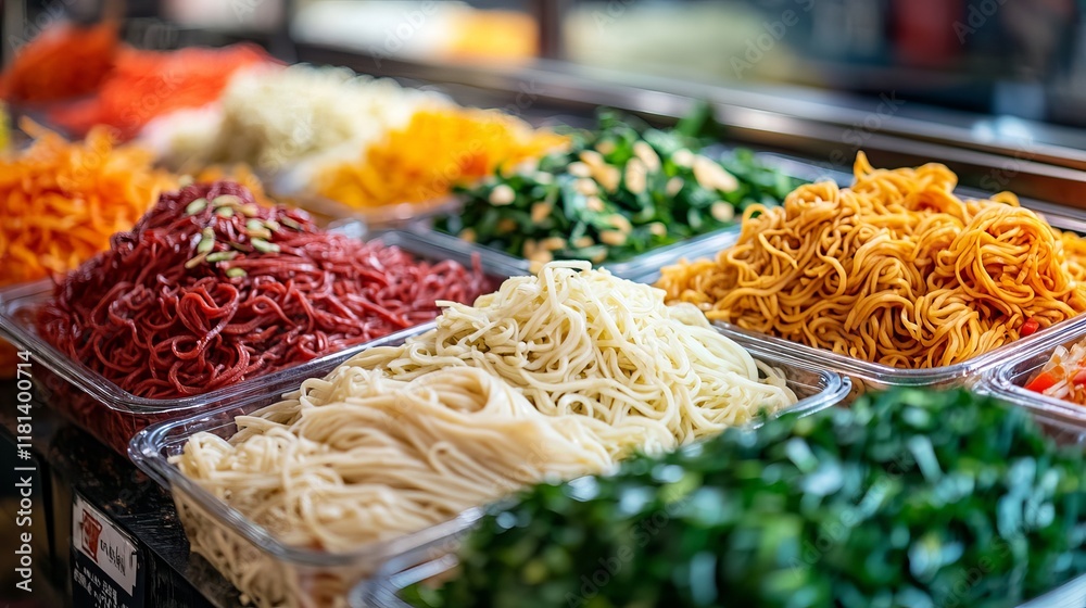 Fototapeta premium Stalls overflowing with a vibrant variety of fresh noodles create a lively atmosphere. The market bustles as shoppers explore the rich colors and scents of culinary delights on offer.