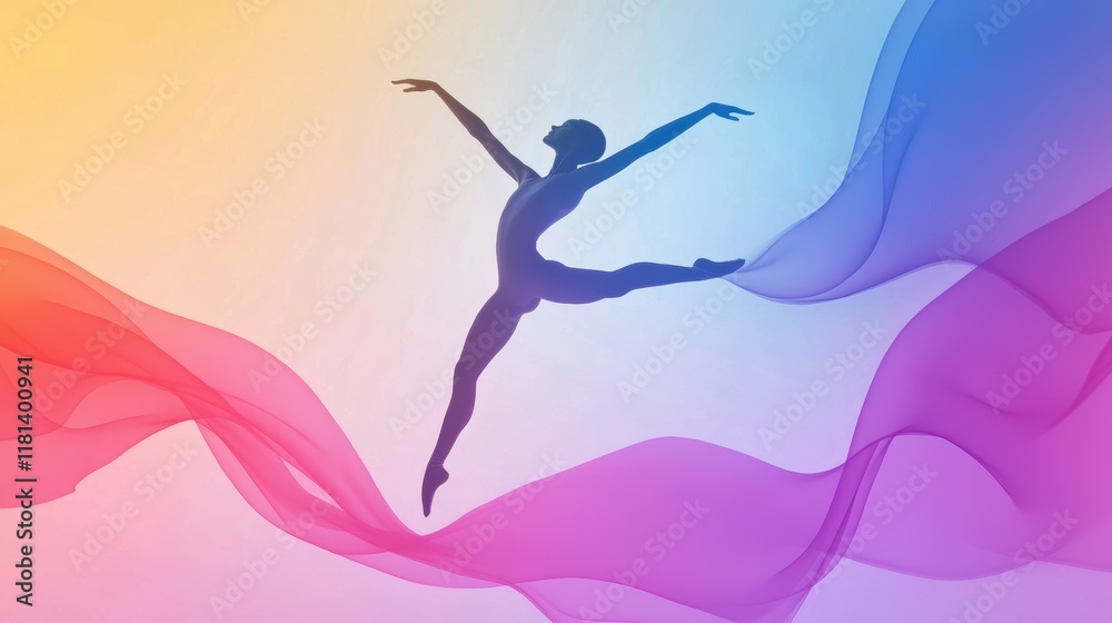 A graceful dancer leaps against a colorful gradient background, showcasing elegance and motion with flowing ribbons of color. A graceful dancer leaps against a colorful gradient background, showcasing elegance and motion with flowing ribbons of color.