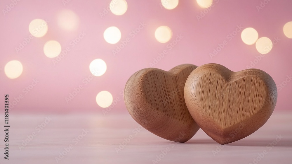 Fototapeta premium Two small handmade crafted wooden hearts on bright lights bokeh background with Copy space, The foreground is detailed with the natural wood grain and texture, a valentines Day romantic theme