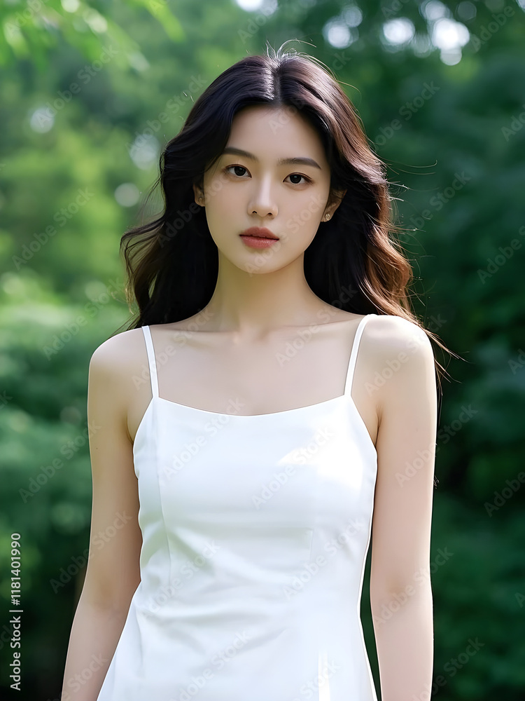 Naklejka premium Portrait of a beautiful young asian woman in white dress.