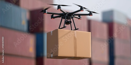 A drone carrying a package hovers in front of shipping containers, showcasing modern delivery technology in a logistics environment.