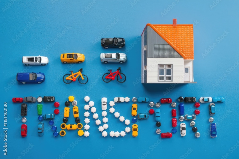 Fototapeta premium Toy cars forming the word 'TRUST' with a house and bikes on blue background