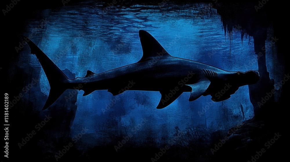 Obraz premium Silhouetted hammerhead shark swimming in dark blue ocean cave.