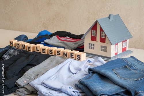 Homelessnes spelled out with wooden blocks and a house model in the background. photo