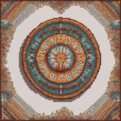 Handcrafted pixel art cross stitch pattern featuring a charming circular design.