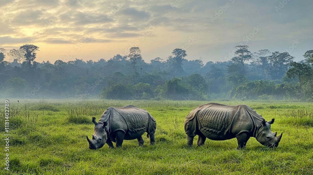 Fototapeta premium Majestic Rhinos in a Lush Sunrise Landscape