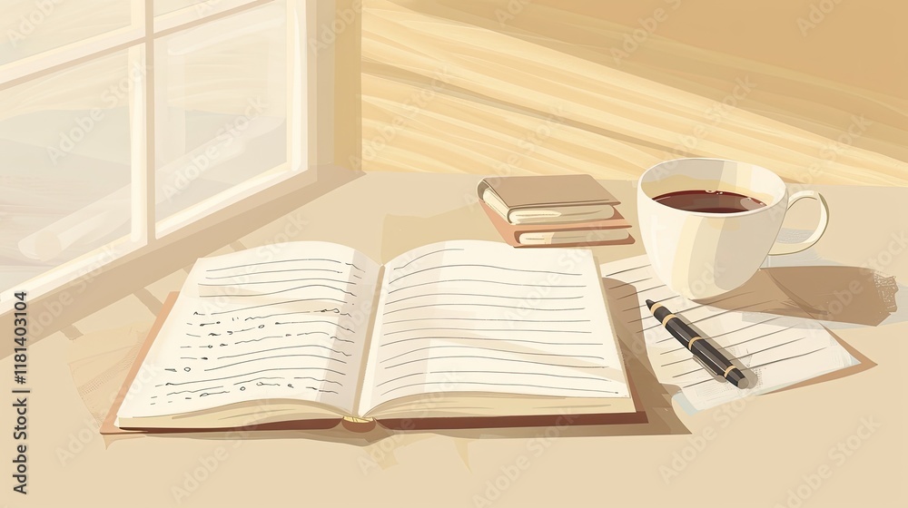 An open notebook with writing on it lies next to an opened book An open notebook with writing on it lies next to an opened book
