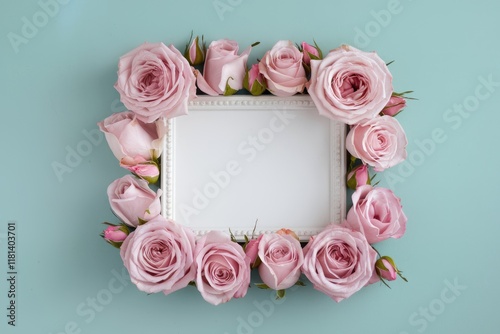 A white frame surrounded by pink roses on a blue background.