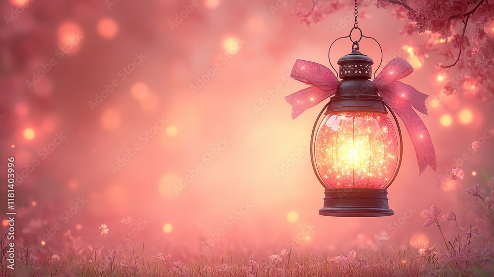 Glowing lantern with pink bow hanging from tree branch in magical forest. Glowing lantern with pink bow hanging from tree branch in magical forest.