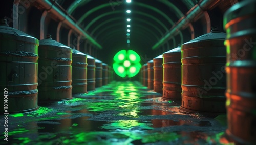 Radioactive Waste Barrels in Industrial Storage Facility 3D Render