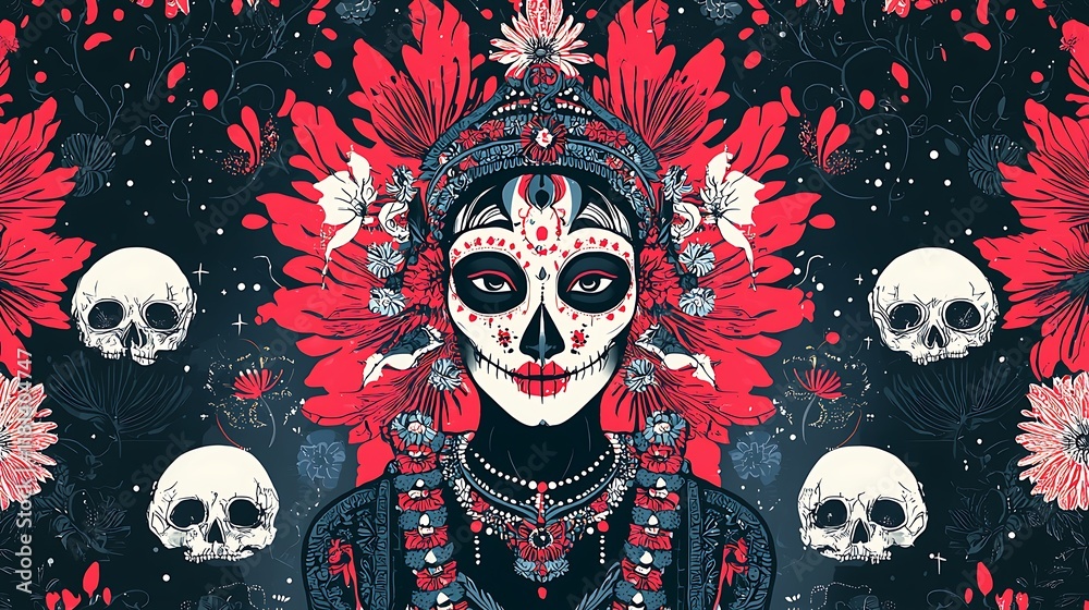 Stylized Calavera Catrina with Red Floral Design and Skulls. Stylized Calavera Catrina with Red Floral Design and Skulls.