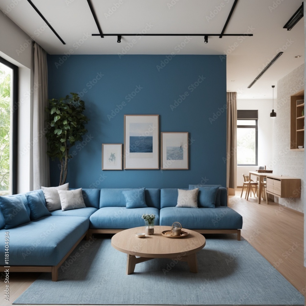 Fototapeta premium Cerulean Blue minimalist japandi home interior design of modern living room