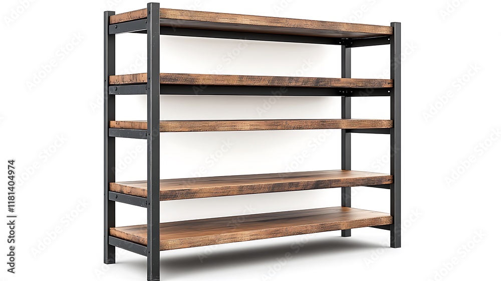 Tall industrialstyle shelving unit with black metal frames and wooden shelves isolated on a seamless white background showcasing its robust and functional design