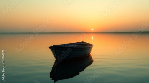 Calm waters reflect a solitary boat at sunset near a serene lake