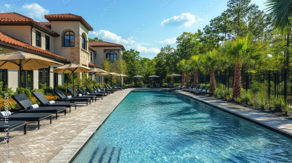 Fototapeta premium Luxury Resort Poolside Relaxation: Mediterranean-Style Villa and Tranquil Pool Escape