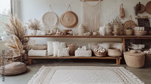 Cozy interior with natural materials and decorative elements in a minimalist ...