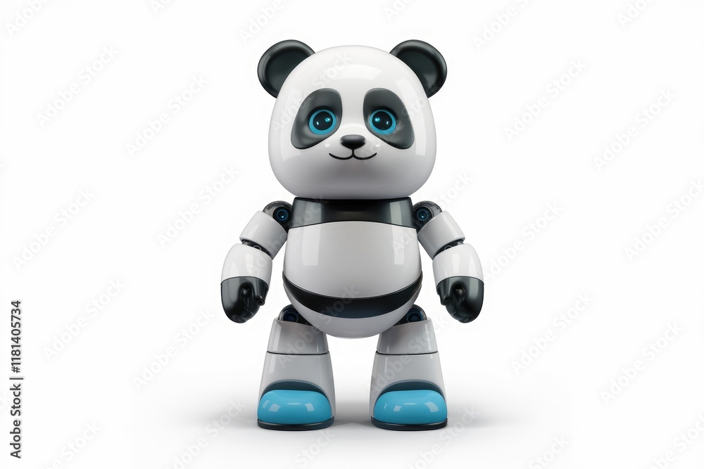 Naklejka premium A cute panda robot stands with a friendly smile.